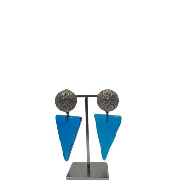 Large Vintage Metal & Transparent Blue Acrylic Dangle Clip-On Earrings | 3.12" | - Picture 2 of 7